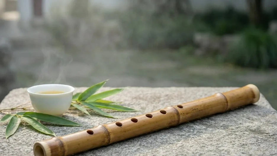 A bamboo dizi transverse flute resting on silk, its six finger holes and the dimo membrane hole clearly visible along its lacquered length