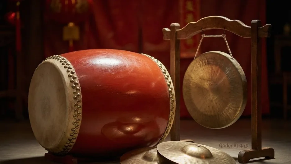An array of Chinese percussion instruments — a red tanggu barrel drum, bronze luo gongs, and bo cymbals — arranged for a festival performance