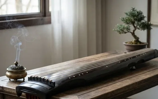 A seven-stringed guqin zither resting on a wooden table