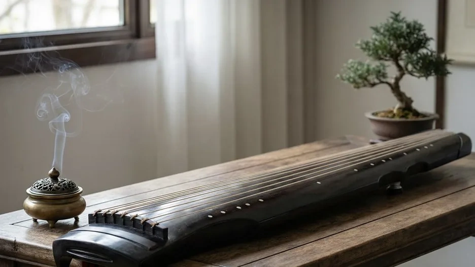 A seven-stringed guqin zither resting on a wooden table, its long lacquered body and silk strings catching soft light