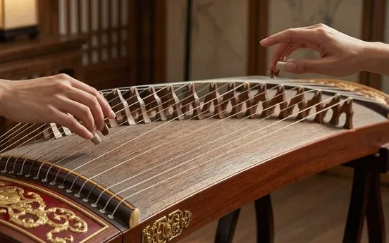 A guzheng zither with twenty-one strings and movable bridges
