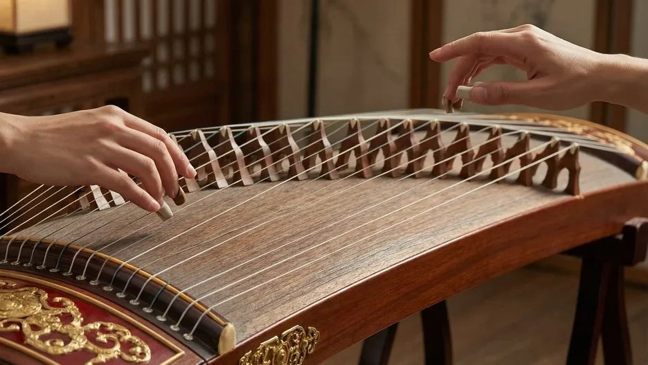 A guzheng zither with twenty-one strings and a row of movable bridges stretching across its long curved soundboard