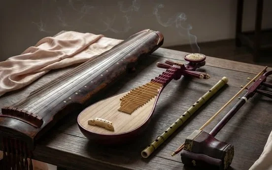 Traditional Chinese instruments — guqin, pipa, dizi and erhu — arranged on a wooden table