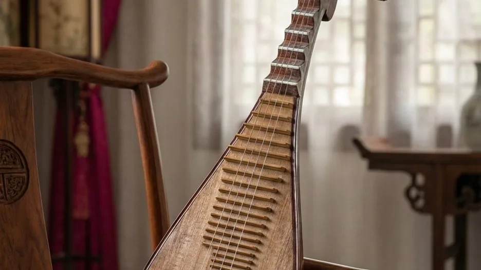 A four-stringed pipa lute with a pear-shaped wooden body and a bent neck, resting against a dark background