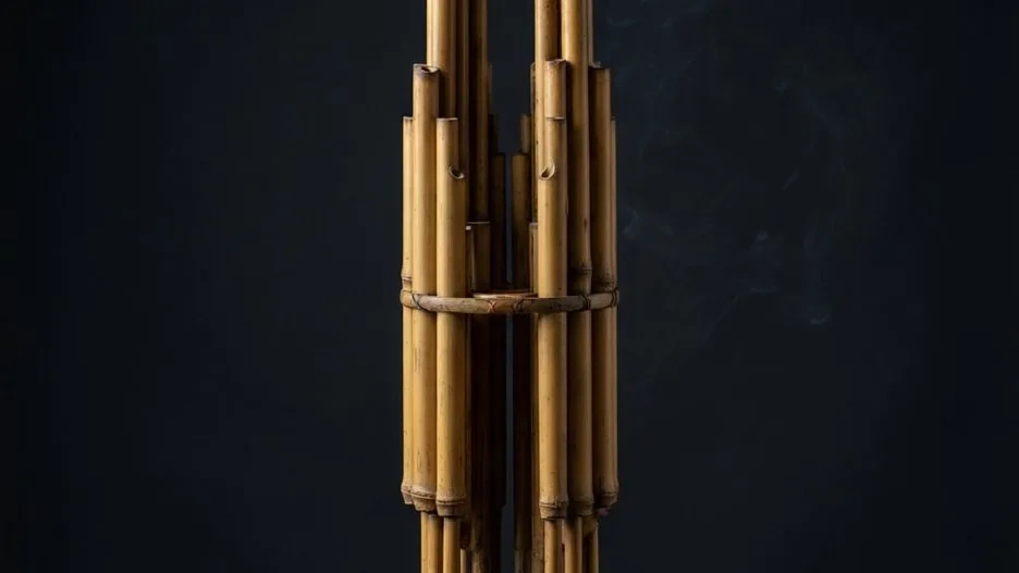 A sheng mouth organ with a cluster of vertical bamboo pipes rising from a rounded wind chamber, evoking the shape of a phoenix