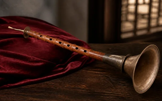 A complete traditional Chinese suona with a small double reed, rosewood body and wide flared brass bell