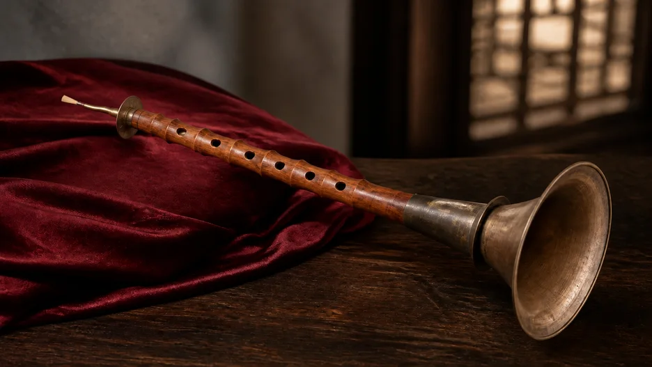 Complete traditional Chinese suona laid diagonally, showing its small double reed, finger-holed rosewood body and large flared brass bell