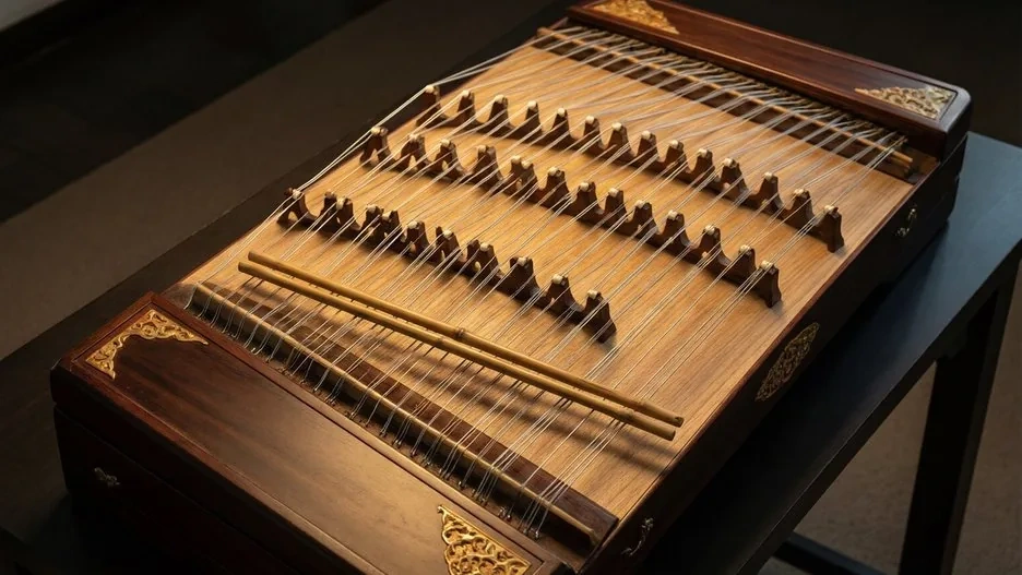 A trapezoidal yangqin hammered dulcimer with many strings stretched across its frame and two slender bamboo hammers resting on top