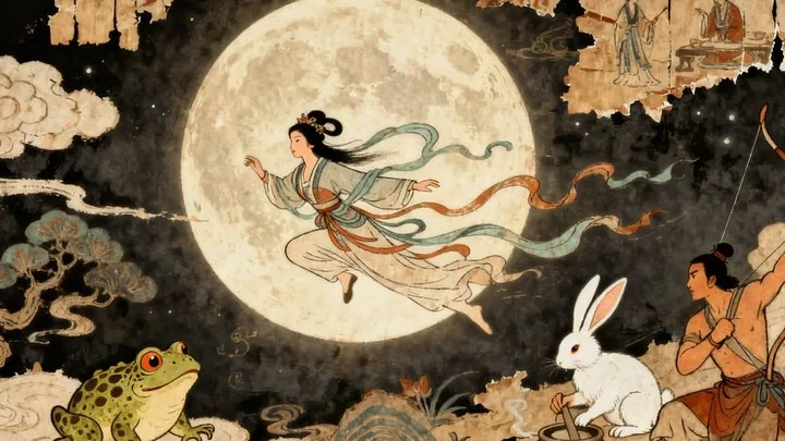 Chang'e ascending to the moon with the jade rabbit