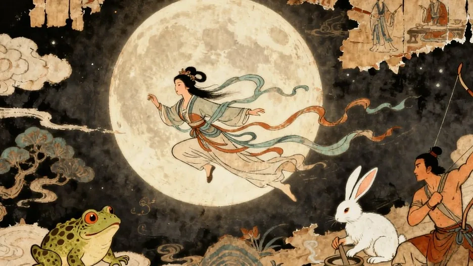 Chang’e floating before a luminous full moon, with the Jade Rabbit, Hou Yi and the moon frog in a Chinese mural-inspired illustration