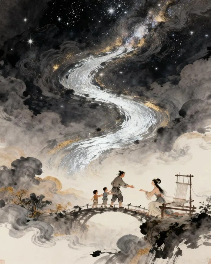 Ten thousand magpies forming a bridge across the starry Milky Way as Zhinü and Niulang rush toward each other