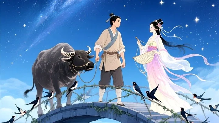 The Cowherd and Weaver Girl meeting on a bridge of magpies