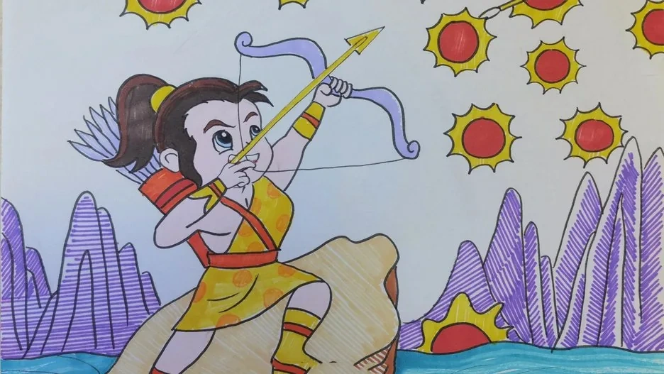 Hou Yi drawing his red bow against ten blazing suns in the sky, golden arrows nocked, the scorched earth stretching behind him