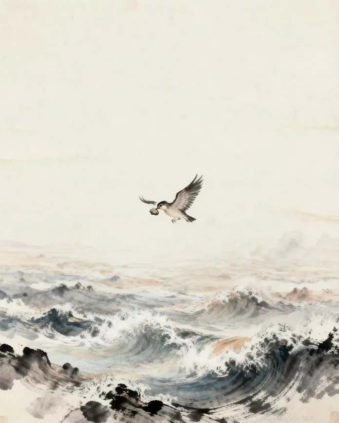 Jingwei in flight between Fajiu Mountain and the Eastern Sea, carrying a small pebble in her beak, traditional Chinese painting style
