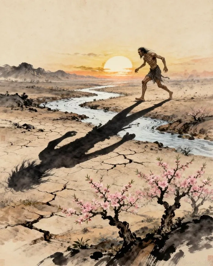 Kuafu kneeling between the Yellow River and the Wei River, drinking both rivers dry as steam rises from his parched throat, Chinese mythological illustration