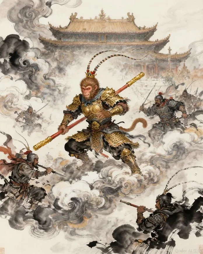 Sun Wukong wielding his golden staff against waves of celestial soldiers amid swirling clouds and divine fire