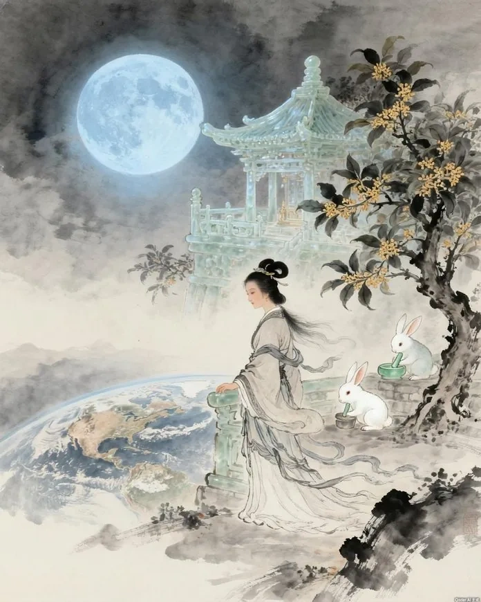 The Guanghan Palace on the moon, rendered in traditional Chinese painting style with jade pavilions and cassia trees