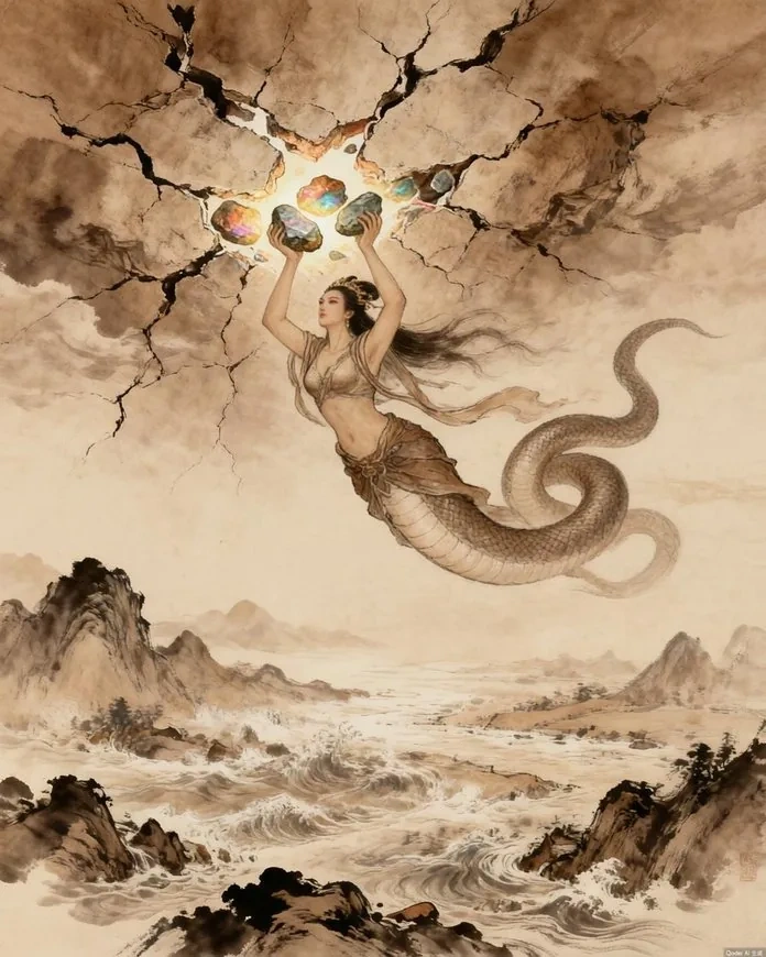 Nüwa rising above the broken sky carrying five-colored stones to mend the heavens, with fire and flood raging below