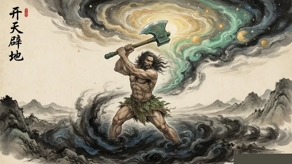 Pangu splitting heaven and earth in the primordial chaos, illustrated in traditional Chinese ink painting style