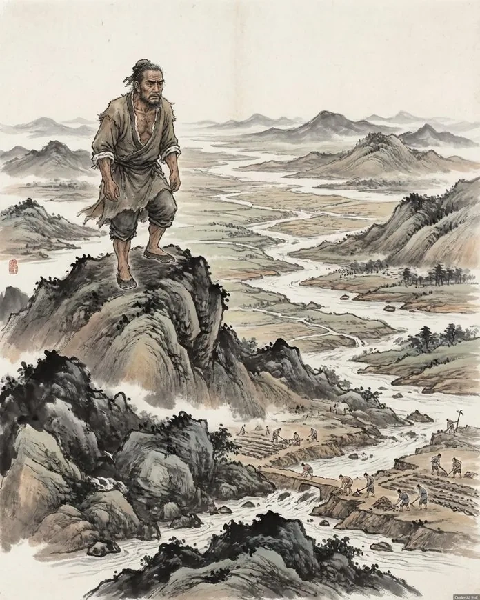 Ancient map depicting the nine provinces of China as divided by Yu the Great, with rivers flowing in orderly channels toward the eastern sea