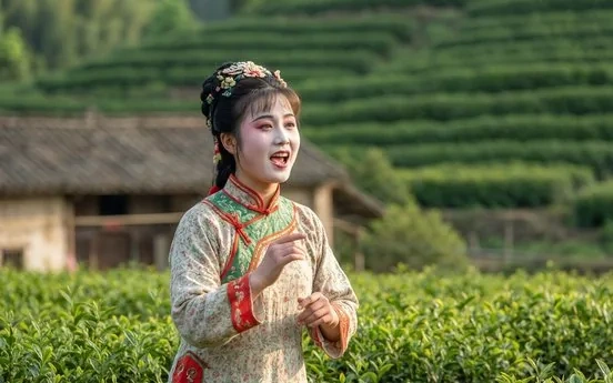 A Huangmei Opera performer in bright folk costume