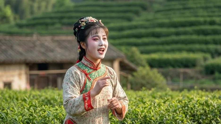 A Huangmei Opera performer in bright folk costume, smiling mid-song