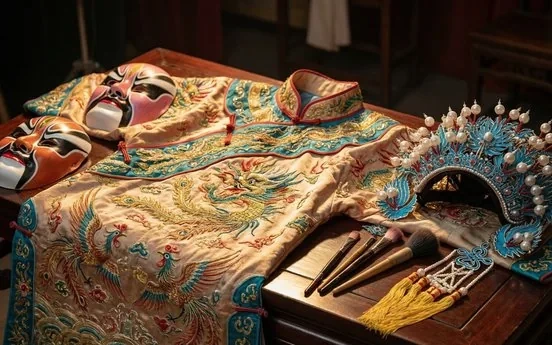 Chinese opera masks, embroidered costumes and an ornate headdress under stage light