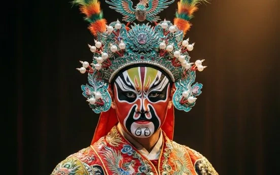 A Peking Opera performer in full painted face and embroidered costume