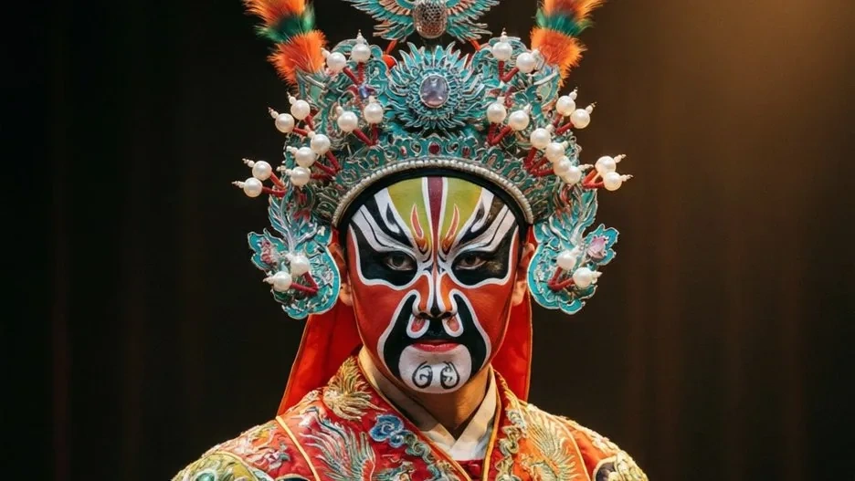A Peking Opera warrior in full painted face, pheasant-tail plumes, and embroidered armor striking a pose on a bare stage