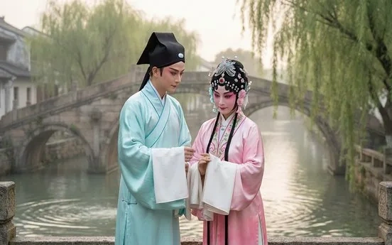 A Yue Opera actress in soft, romantic costume