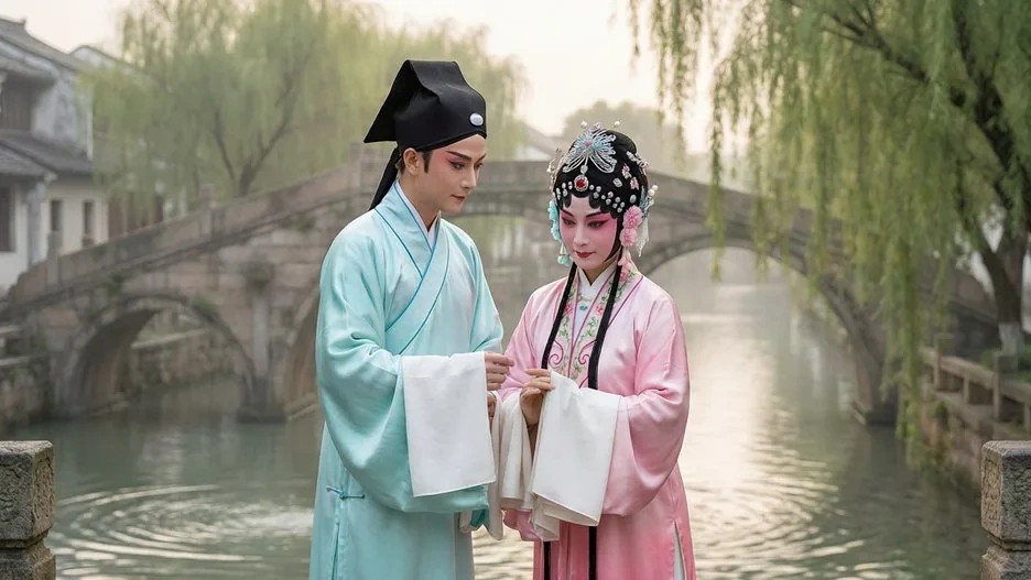 A Yue Opera actress in soft, romantic costume and delicate headdress, mid-gesture