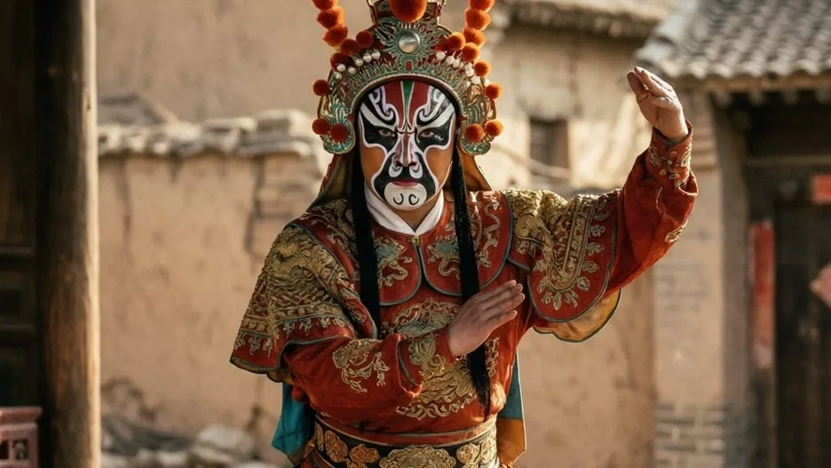 A Yuju performer in full martial costume, mid-aria with arms raised, embodying the loud, passionate force of Henan clapper opera