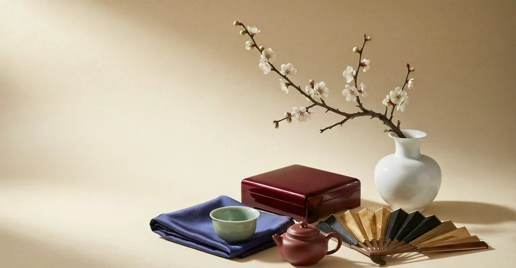 A curated still life of premium Chinese cultural goods — celadon tea cup, Yixing teapot, indigo silk, lacquerware, and a plum blossom branch