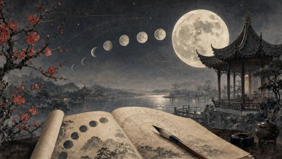 A full moon rising over a Chinese pavilion beside an open traditional almanac