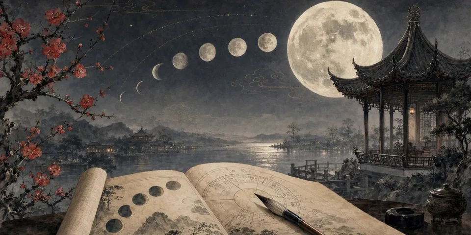 A full moon over a Chinese pavilion with an open traditional almanac, evoking the Chinese lunar calendar
