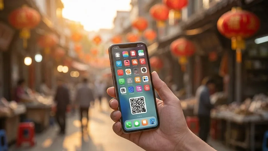 A hand holding a smartphone displaying app icons and a QR payment code, a Chinese street market blurred behind
