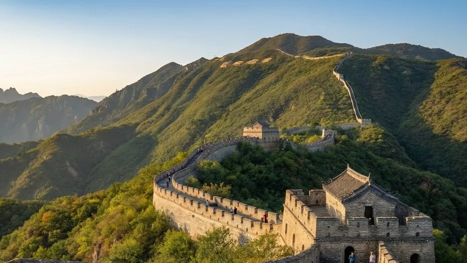 The Great Wall winding over green mountains in pleasant early-autumn golden-hour light with a few travelers