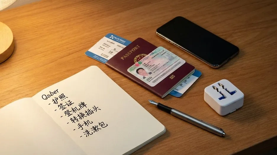 Travel essentials on a wooden desk beside a handwritten checklist: passport, visa, boarding pass, phone and power adapter