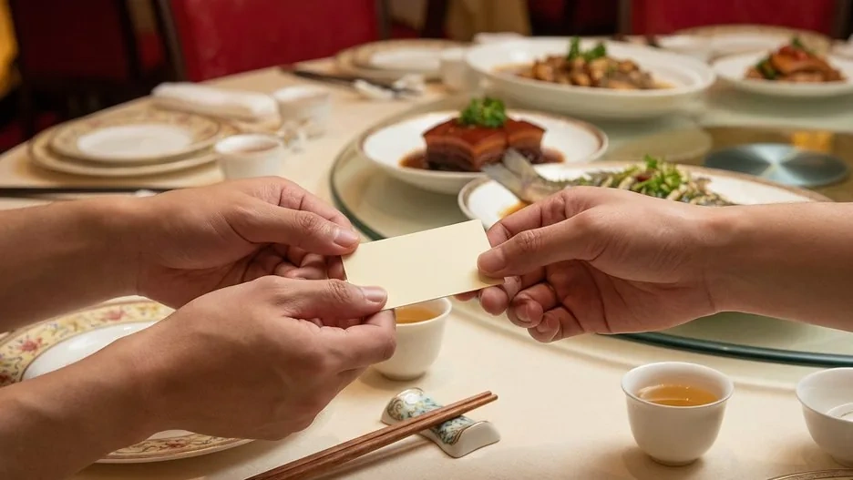 A Chinese dining table with a business card offered with both hands, chopsticks on rests and tea cups