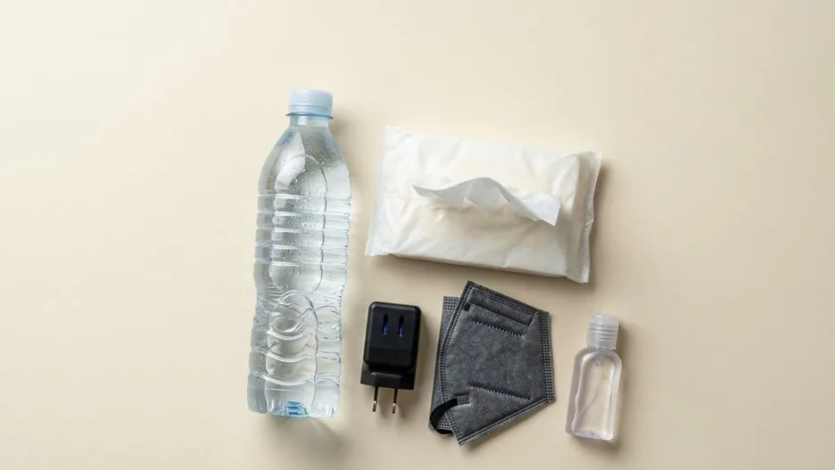 A flat-lay of daily travel practical items: bottled water, tissue pack, universal power adapter, N95 mask and hand sanitizer