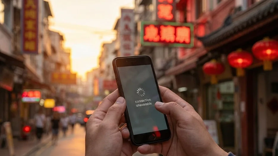 Close-up of a traveler holding a smartphone on a Chinese city street at dusk, neon signage and red lanterns glowing in the background