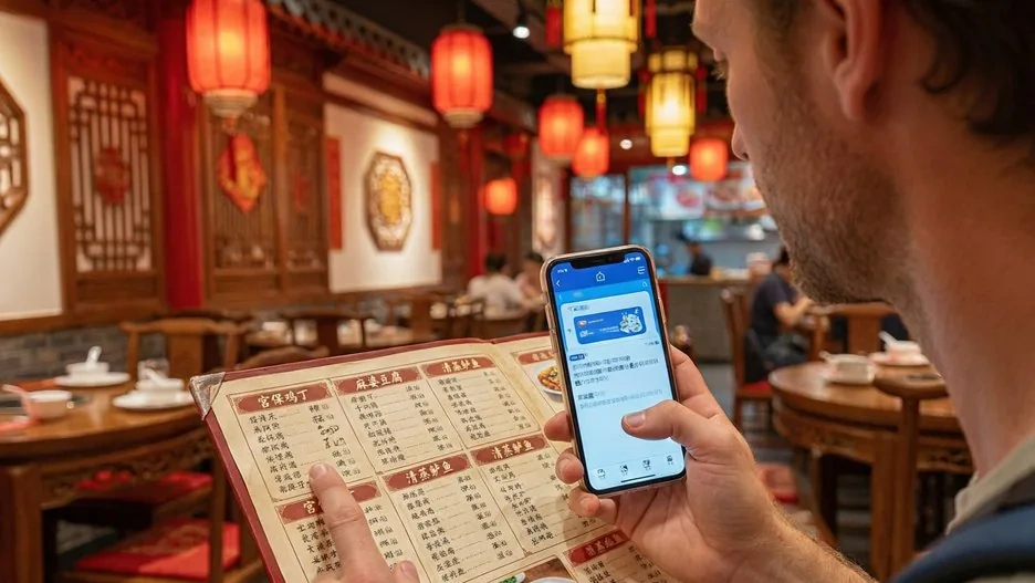 A traveler using a phone translation app over a Chinese restaurant menu, red lanterns in a local eatery