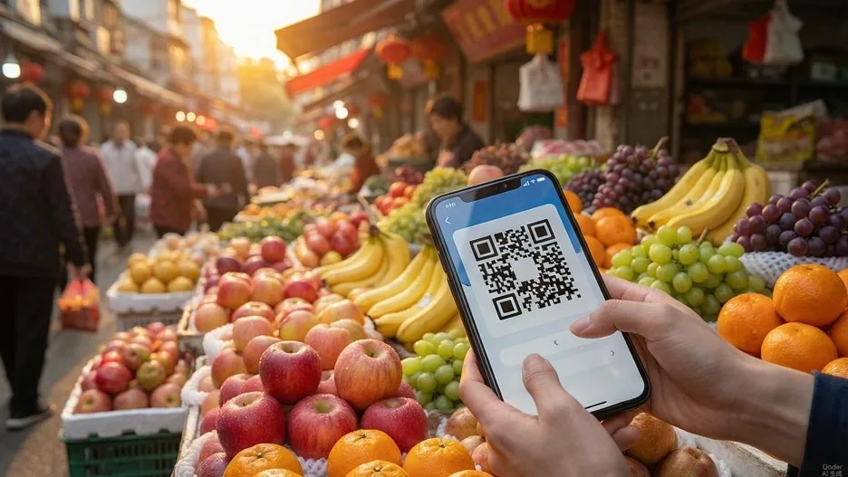 Close-up of a smartphone scanning a QR code payment at a Chinese street food stall