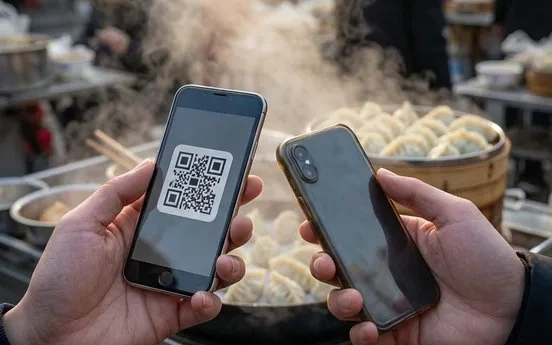 A smartphone showing a QR code payment at a Chinese market stall