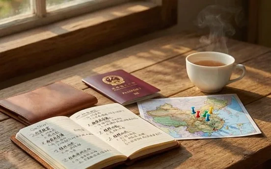 A passport, boarding pass, and Chinese high-speed rail ticket on a travel desk