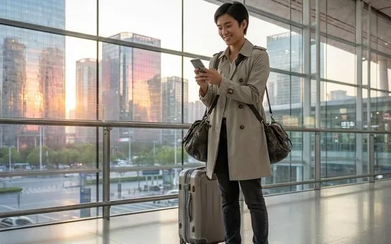 A traveler's flat-lay: SIM card, power adapter, translation app, and a Chinese phrasebook