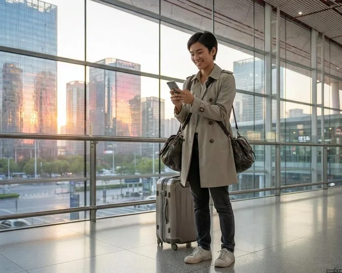 A flat-lay of essential China travel items: smartphone with WeChat open, passport, universal power adapter, tissue pack, and a bottle of water