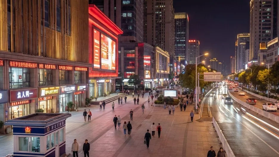 A brightly lit modern Chinese city avenue at night with calm pedestrians and a police service kiosk