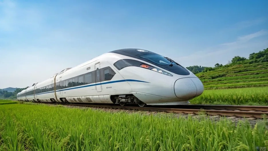 A sleek white high-speed bullet train departing a modern Chinese railway station at dusk