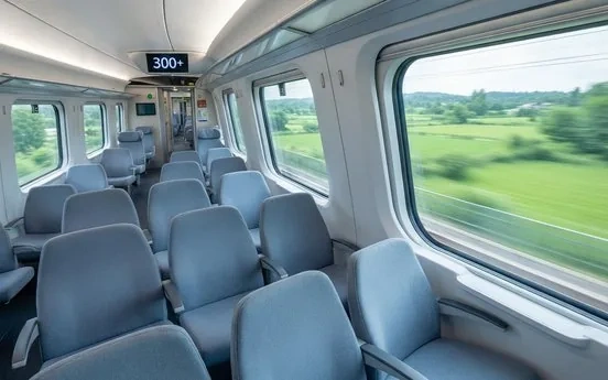 A Chinese high-speed bullet train (CRH) speeding through green countryside